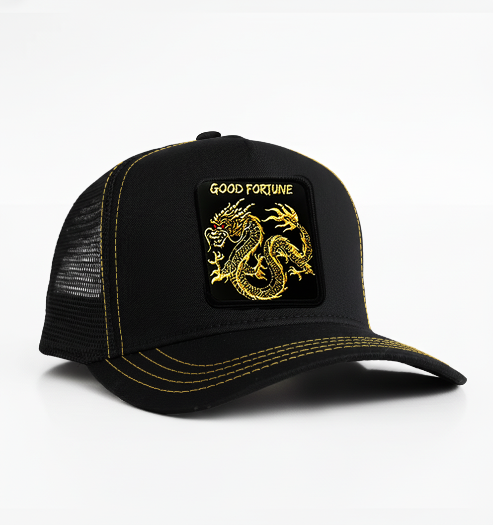 Oriental Dragon - "GOOD FORTUNE" Trucker Hat (Black/Gold)