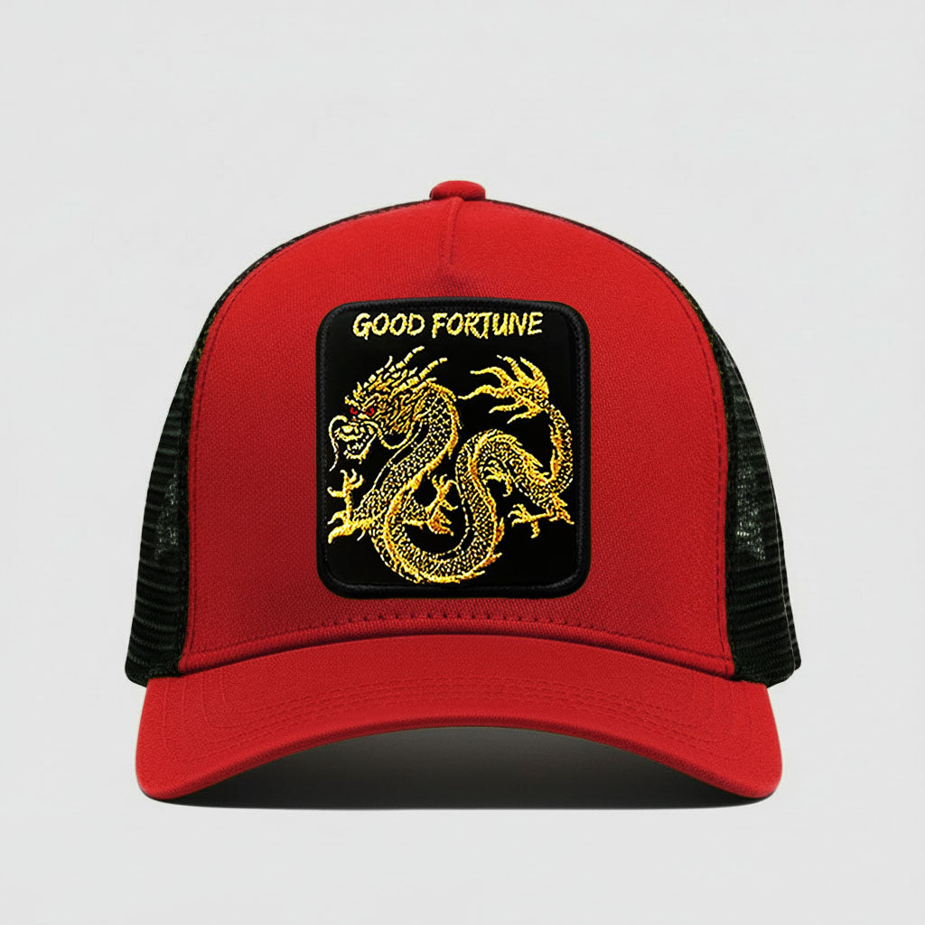 Oriental Dragon - "GOOD FORTUNE" Trucker Hat (Red)