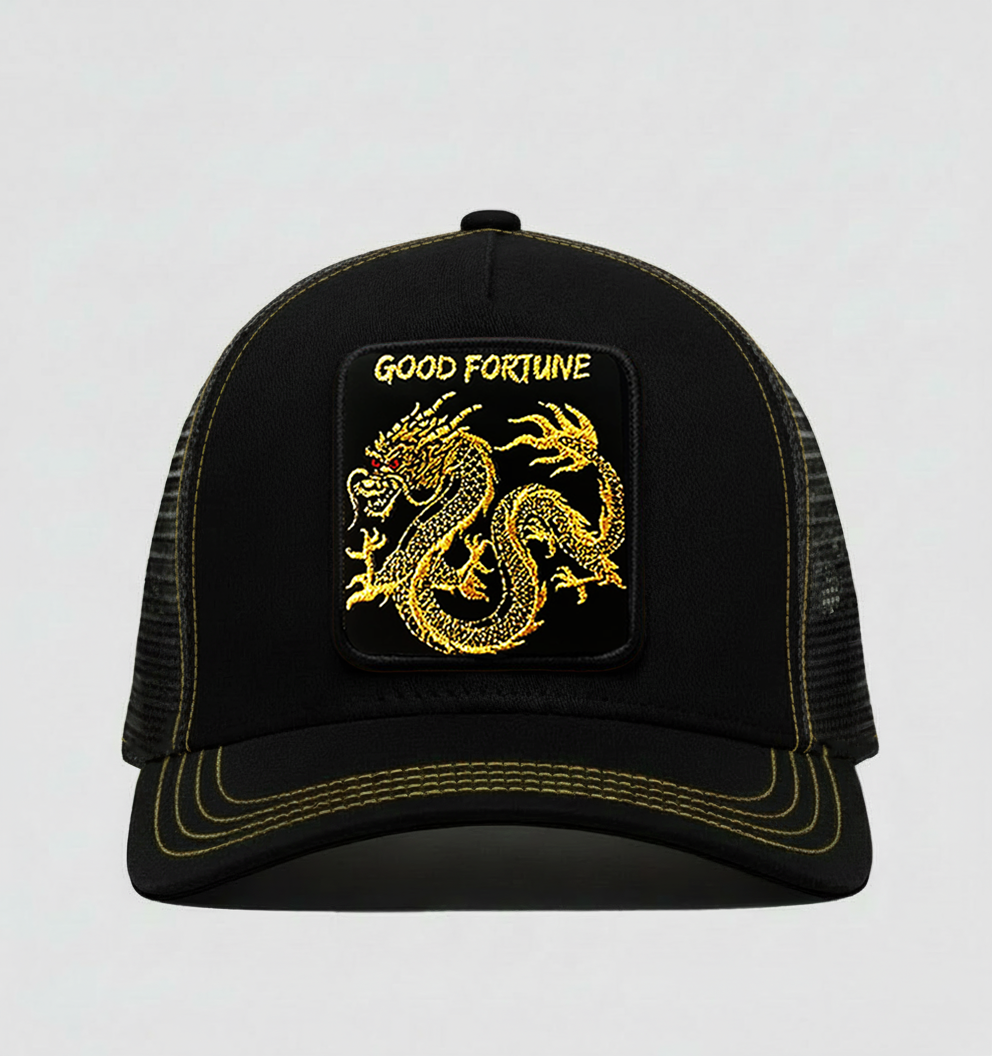 Oriental Dragon - "GOOD FORTUNE" Trucker Hat (Black/Gold)