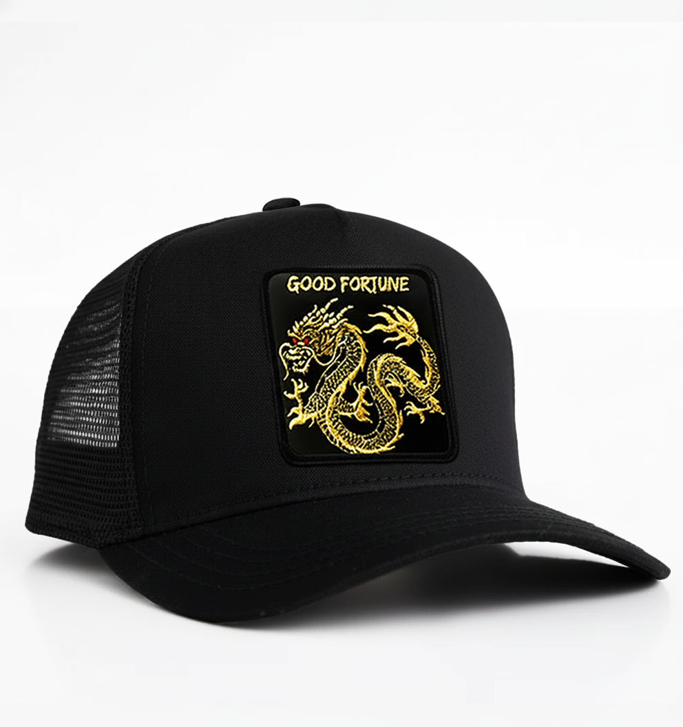 Oriental Dragon - "GOOD FORTUNE" Trucker Hat (Black)