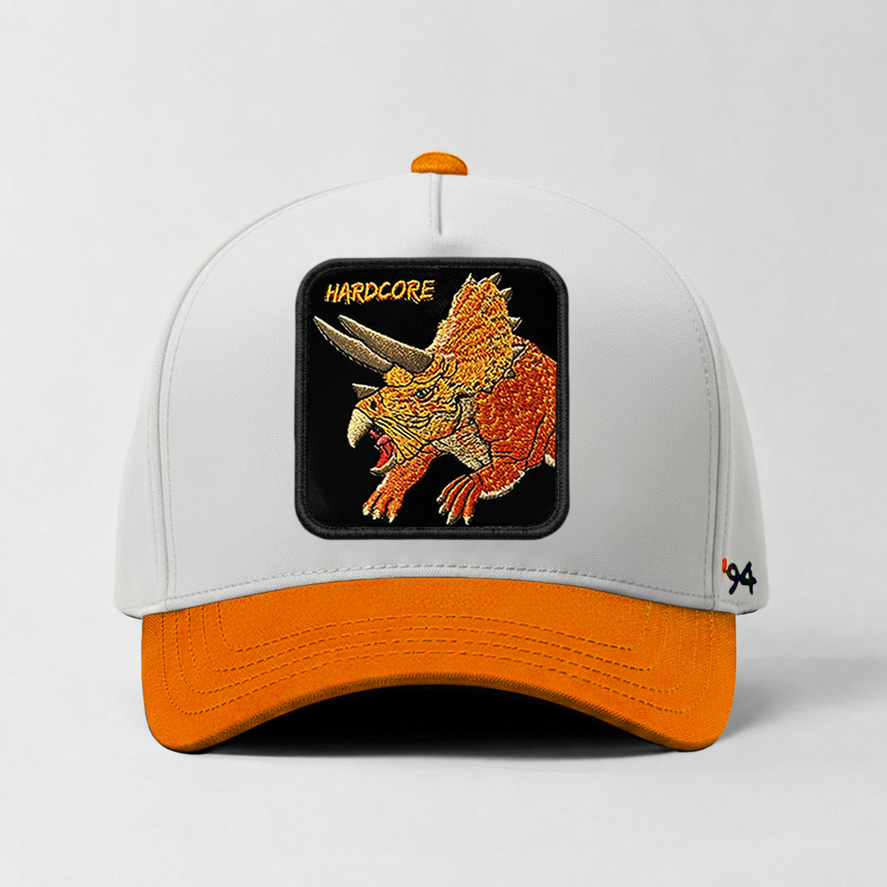 Triceratops "Hardcore" Snapback Hat (White/Orange)