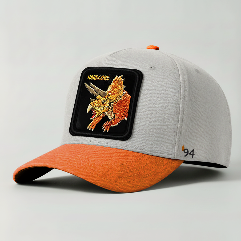 Triceratops "Hardcore" Snapback Hat (White/Orange)